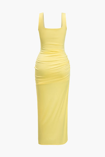 Solid Twist Front Cut Out Slit Midi Dress