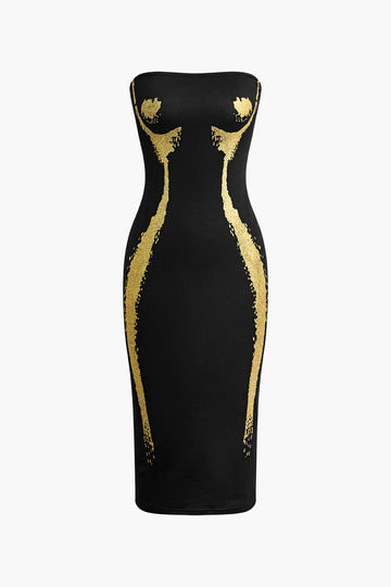 Gold Foil Stamping Print Strapless Midi Dress