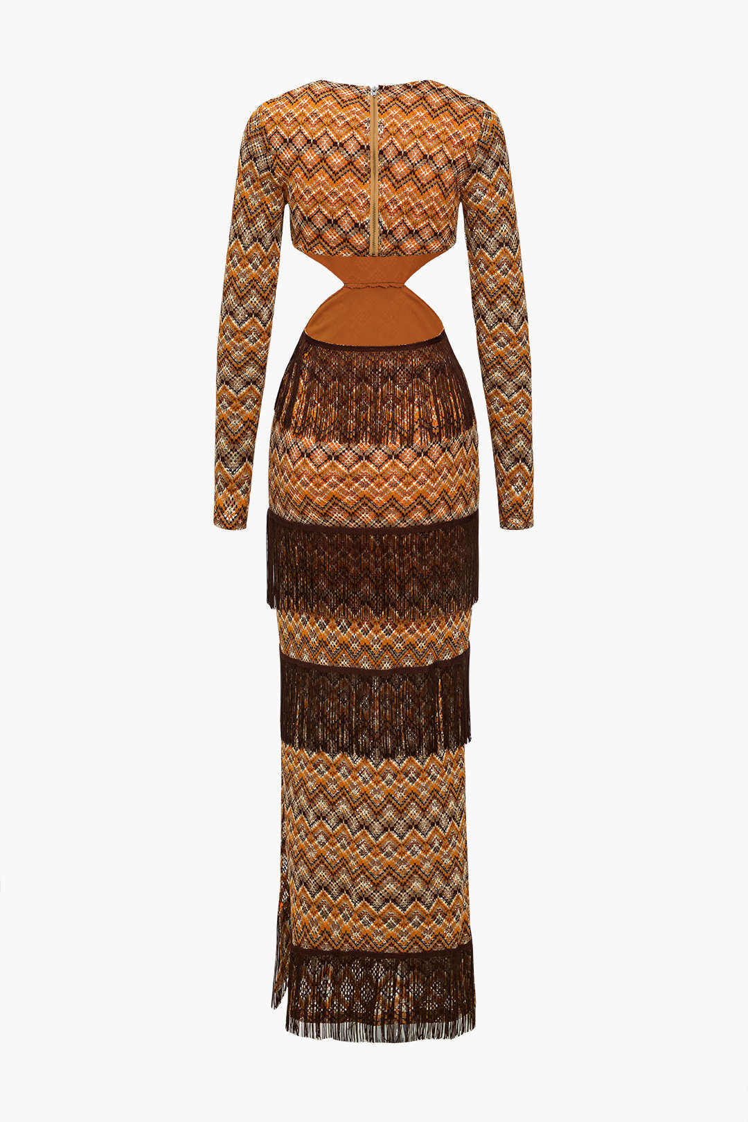 Bohemian Print Side Slit Fringe Trim Cut Out V-Neck Midi Dress