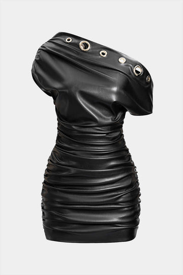 Faux Leather Metallic Eyelet Ruched One Shoulder Mini Dress Micas Faux Leather Metallic Eyelet Ruched One Shoulder Mini Dress Micas