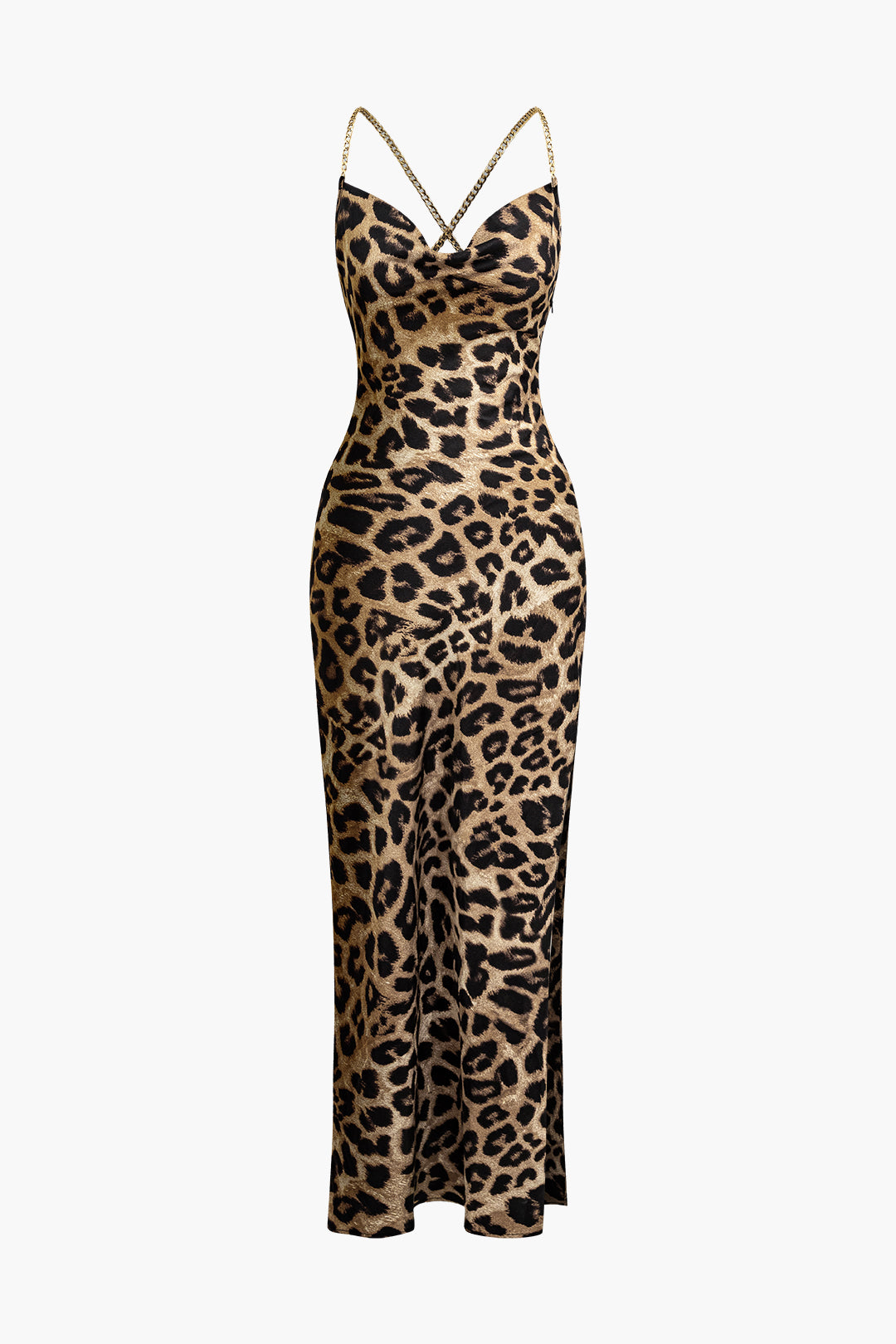 Leopard Print Cross Chain Cowl Neck Slit Slip Maxi Dress