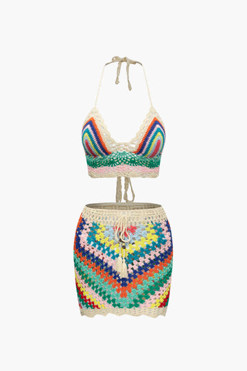 Rainbow Crochet Halter Bikini And Skirt 3pc Set