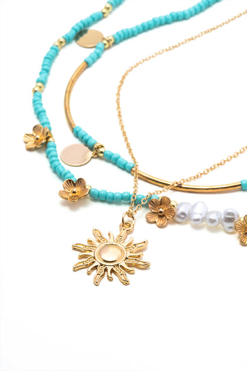 Sun Pendant Turquoise and Pearl Multi-Strand Necklace