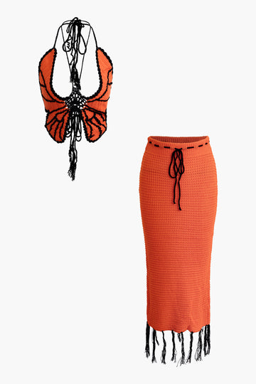 Butterfly Tie Halter Tank Top And Tassel Midi Skirt Set