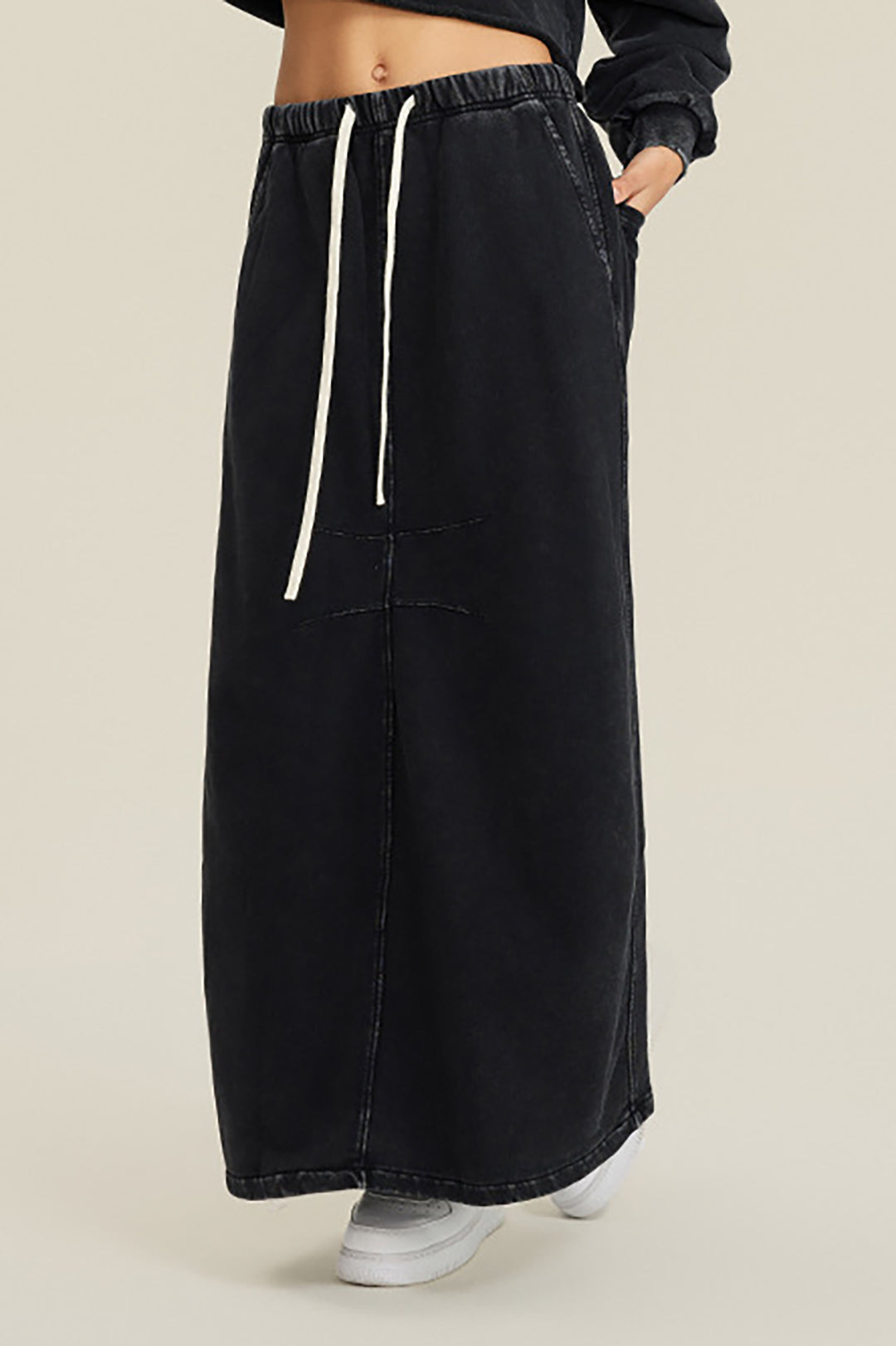 Drawstring Waist Pocket Split Denim Maxi Skirt