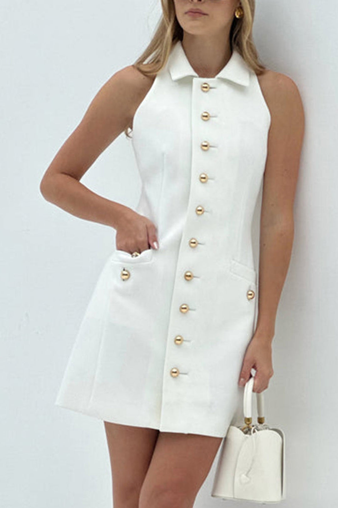 Multi-Button Collared Pocket Mini Dress