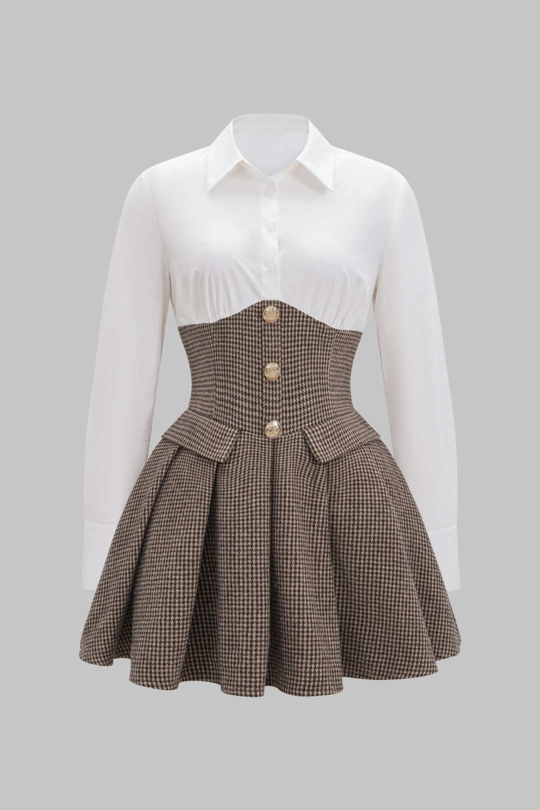 Houndstooth Print Patchwork Pleated High Waist Long-Sleeve Mini Dress