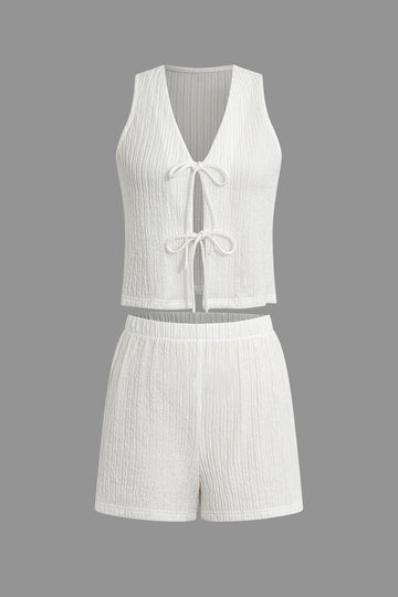 Textured Tie Front Top And Shorts Set