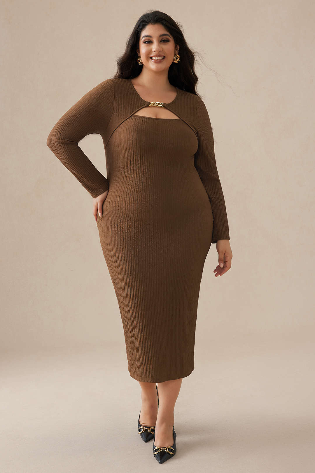 Plus Size Solid Chain Cut Out Midi Dress