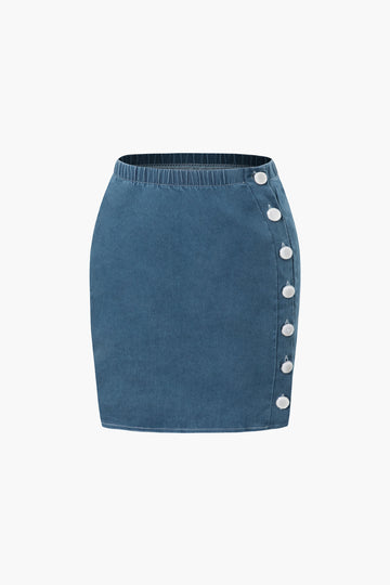 Denim V-Shaped Cami Top And Button Mini Skirt  Set