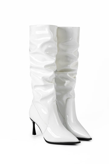 Faux Leather Ruched Pointed Toe Knee High Boots