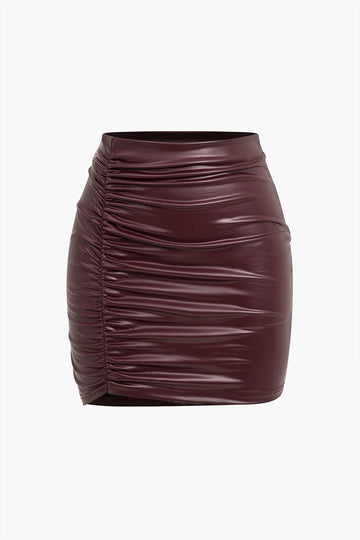 Solid Faux Leather Ruched Skirt