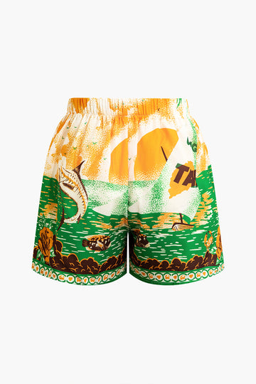 Summer Beach Print Tie-Front Shirt And Shorts Set