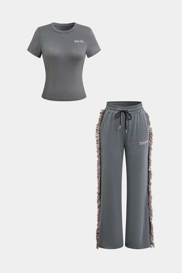 Letter Print T-shirt And Tassel Drawstring Pants Set