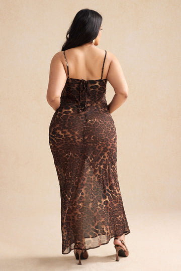 Plus Size Leopard Print Draped Cowl Neck Slip Midi Dress