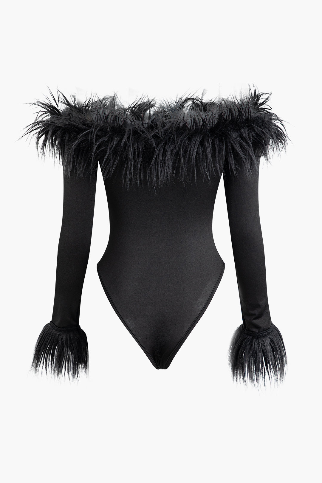Faux Fur Trim Off The Shoulder Long Sleeve Bodysuit