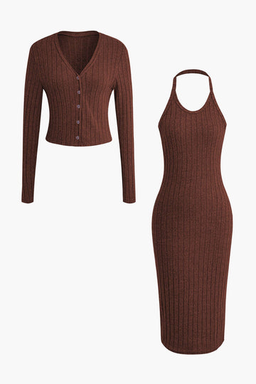 Ribbed Cardigan And Halter Dress Set