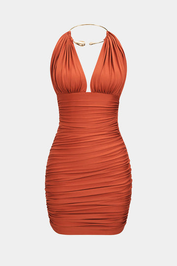 Metallic Halter Backless Ruched Sleeveless Mini Dress Micas Metallic Halter Backless Ruched Sleeveless Mini Dress Micas