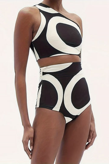 Abstract Print One Shoulder Swimsuit Set