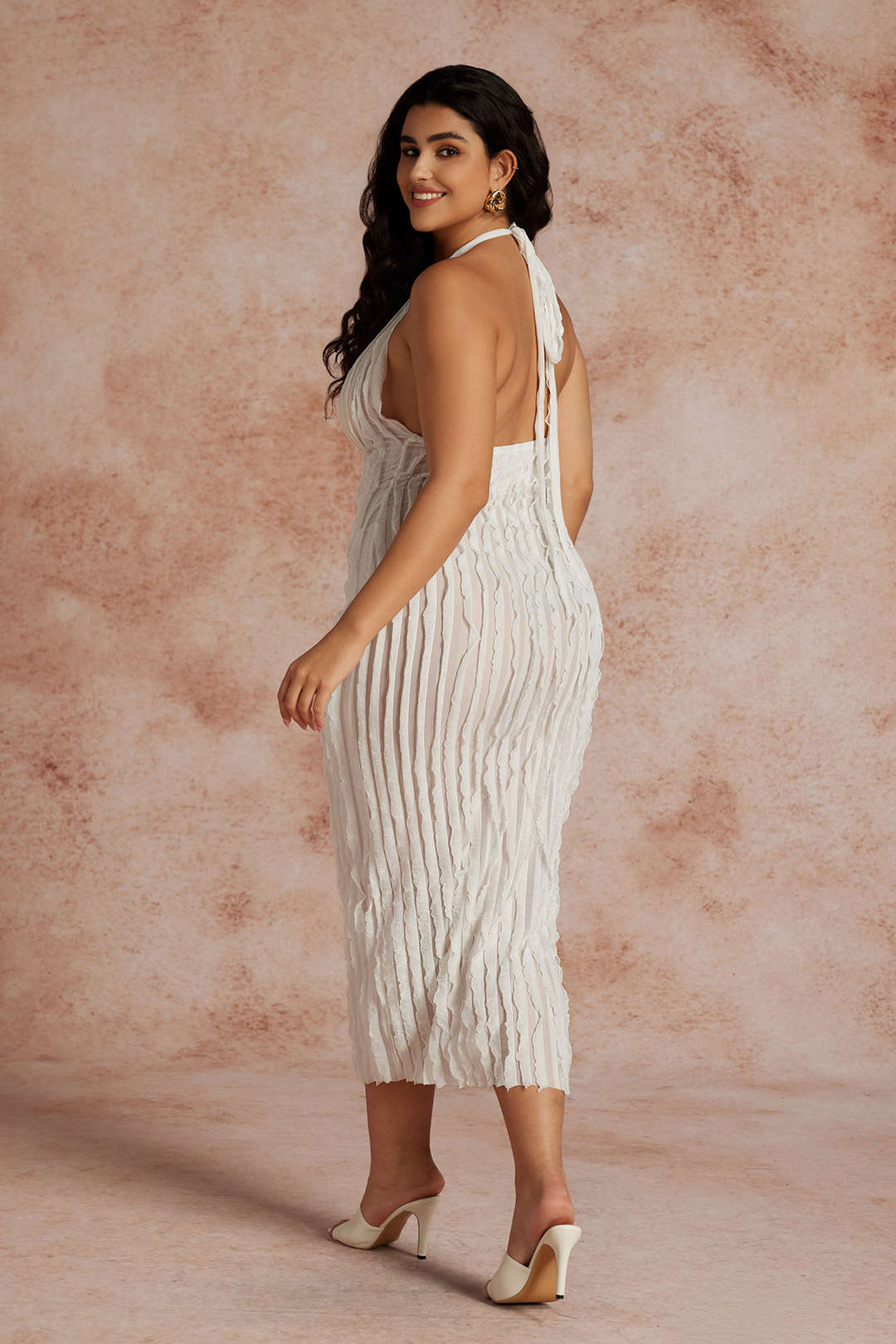 Plus Size Ruffle Texture Halter Backless Maxi Dress