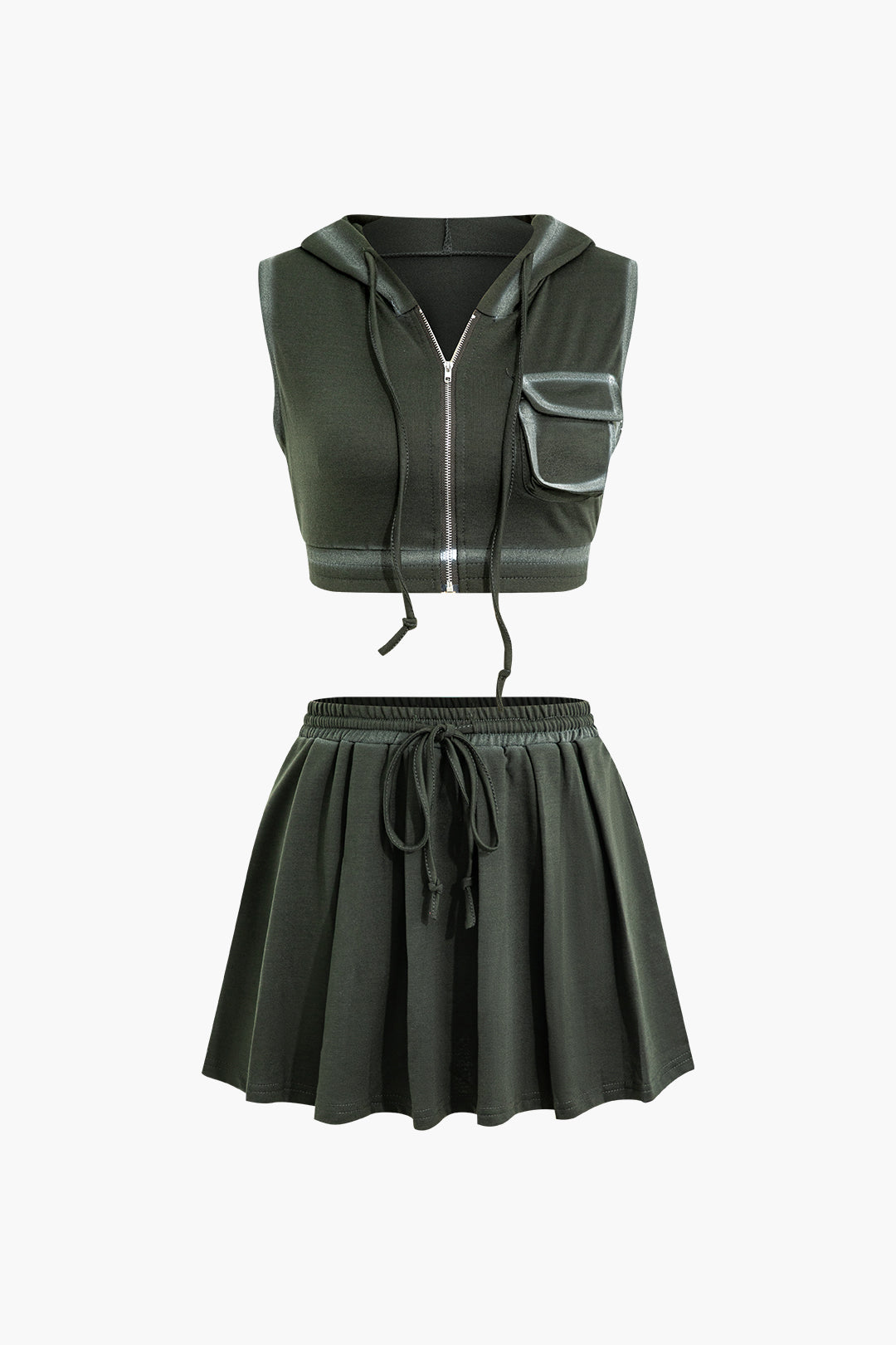 Hooded Crop Top And Drawstring Pleated Mini Skirt Set