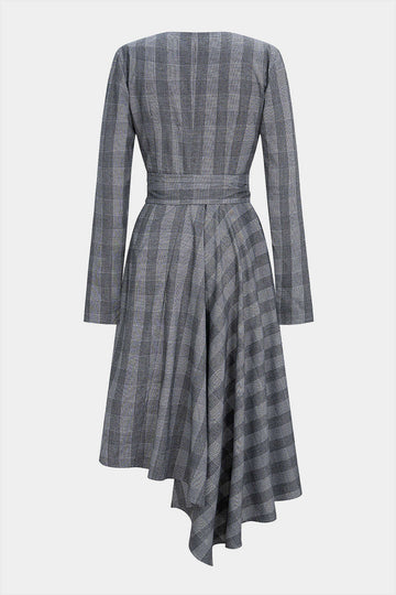 Plaid Print V-Neck Knot Ruched Asymmetrical Hem Long-Sleeve Midi Dress