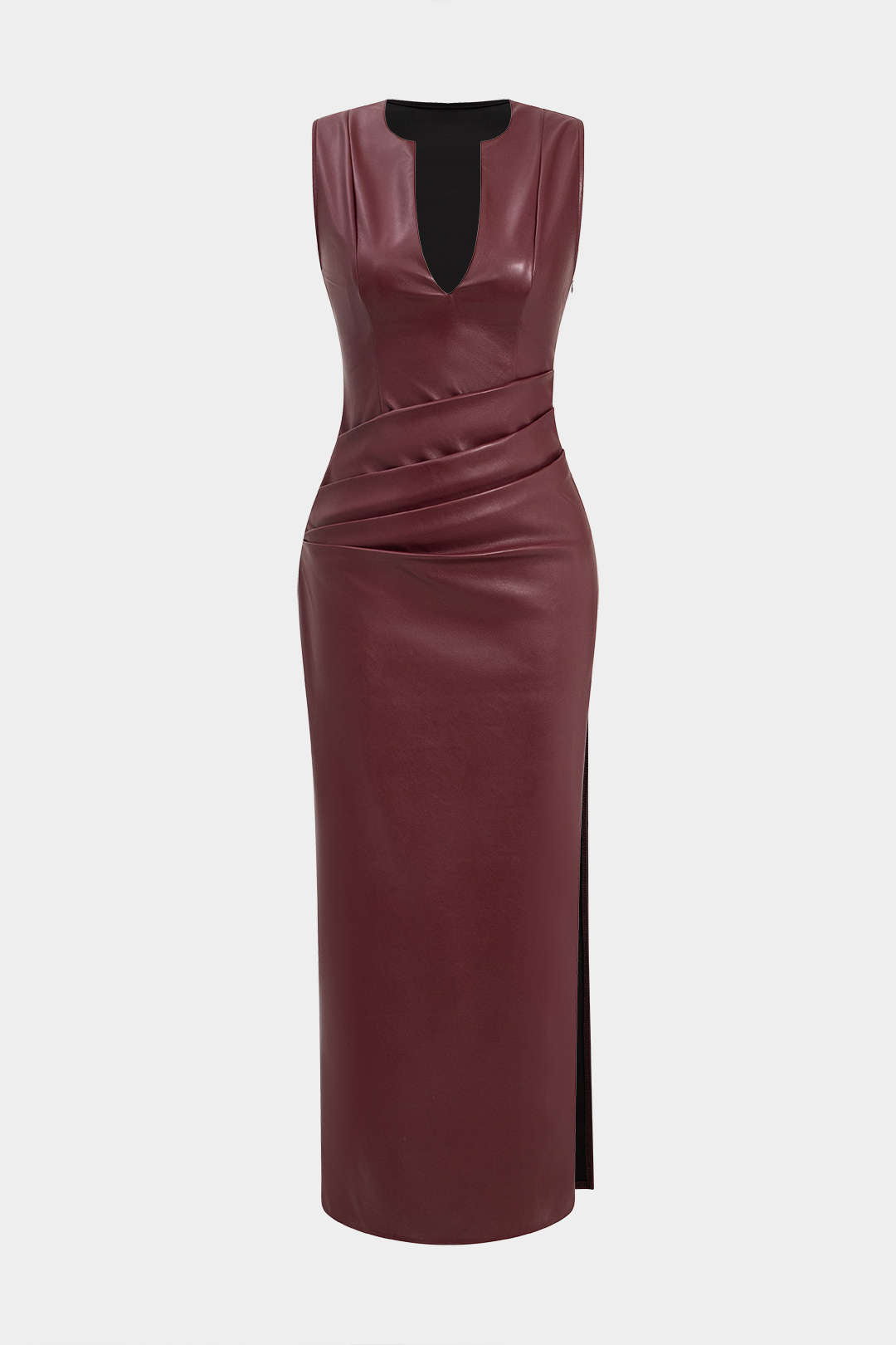 Faux Δερμάτινο V-Neck Ruched Maxi Φόρεμα