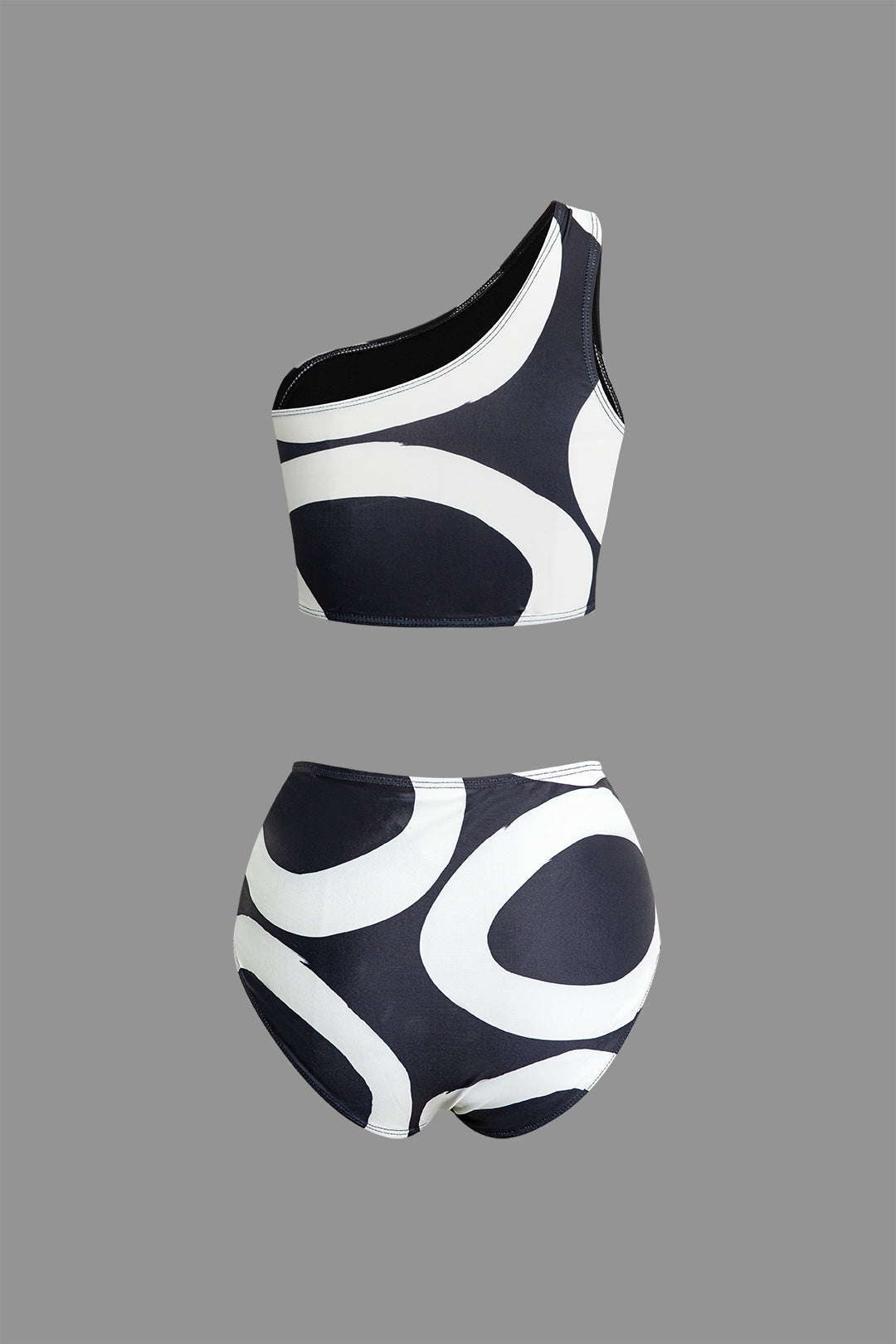 Contrast Abstract Print One Shoulder Swimsuit Set