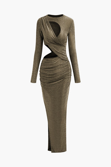 Lurex Asymmetric Cut Out Long Sleeve Maxi Dress