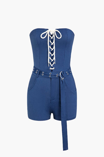 Lace-up Belted Denim Strapless Romper With Scarf