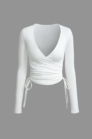 V-neck Wrap Tie Ruched Long Sleeve Top