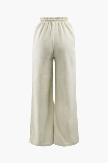 Linen Padded-Shoulder Tie Side Top And Drawstring Pants Set