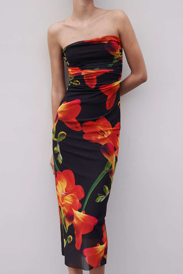 Floral Strapless Ruched Mesh Maxi Dress
