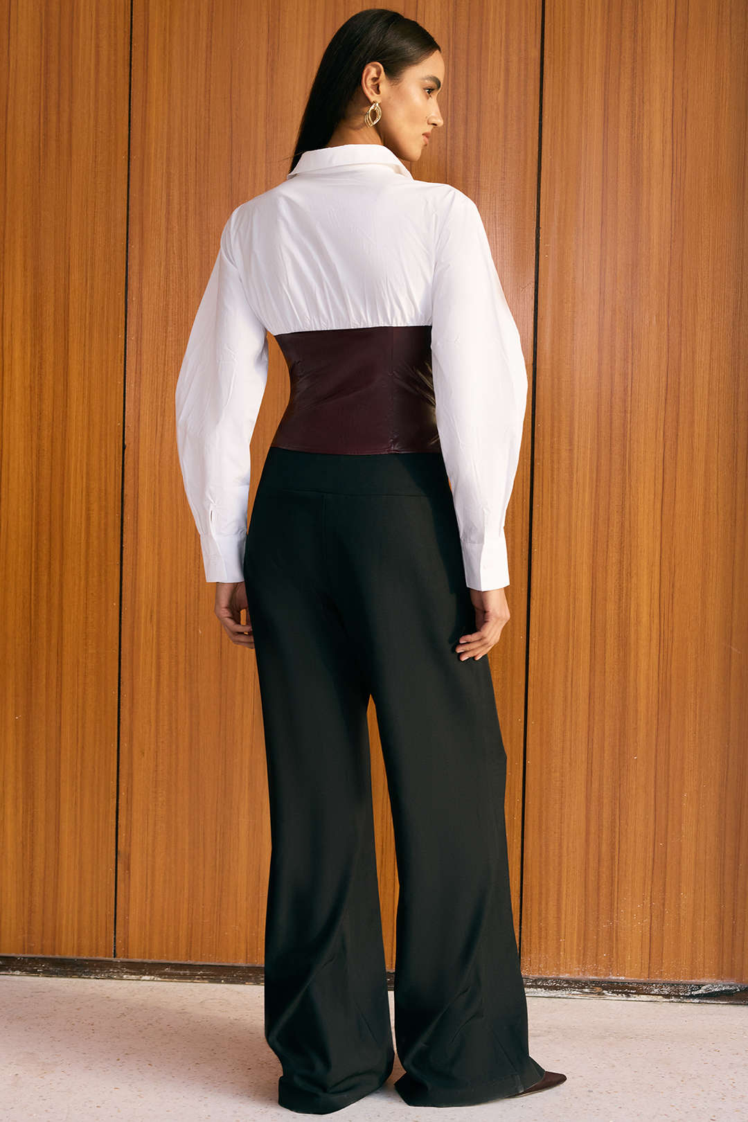 Faux Leather Patchwork Hook And Eye Waist-Cinching Long-Sleeve Shirt