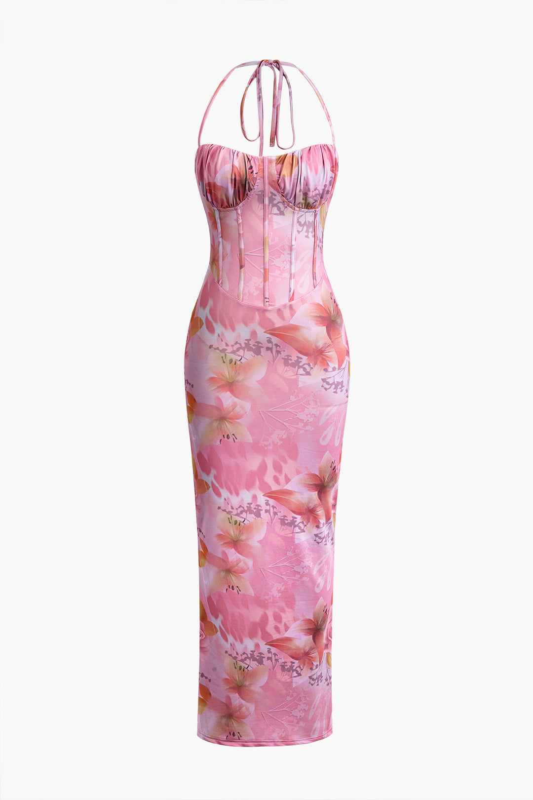 Floral Print Halter Slit Corset Midi Dress