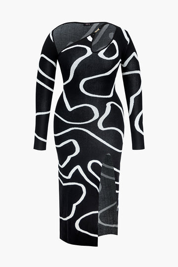 Plus Size Abstract Print Knit Cut Out Asymmetrical Mini Dress