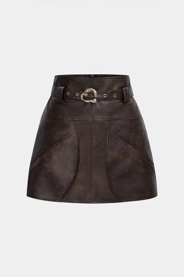 Faux Leather Pocket Belted Skirt