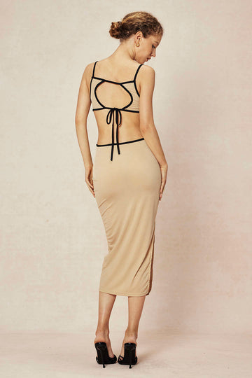 Contrast Cut Out Backless Slip Maxi Dress