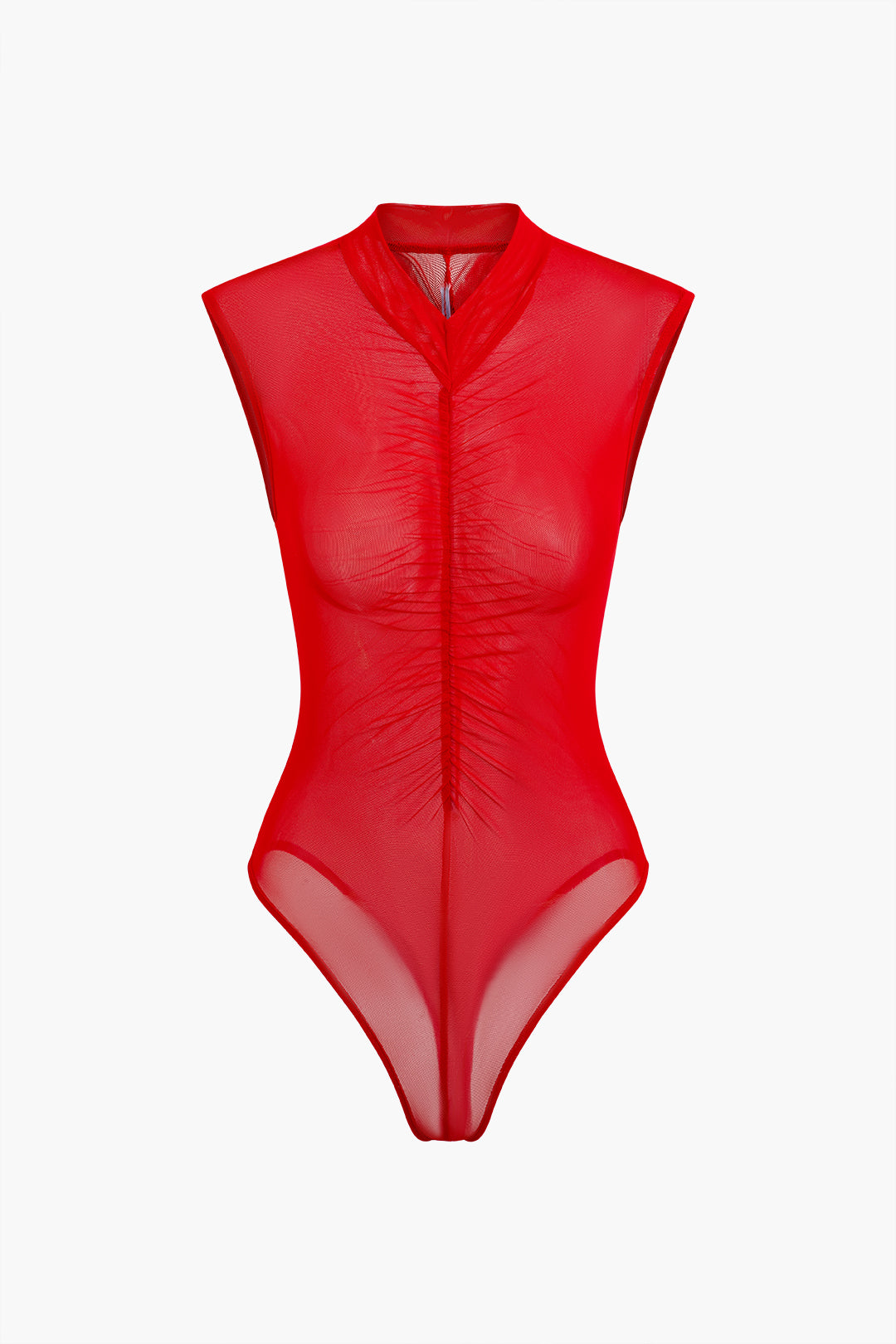 Ruched Front Mesh Sleeveless Bodysuit