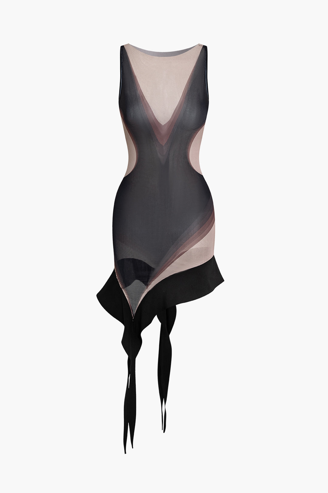 Sheer Abstract Mesh Asymmetric Mini Dress