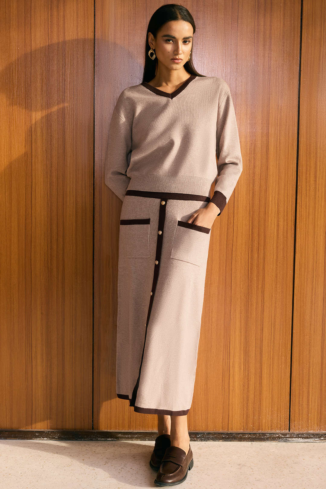 Knit Contrast V-Neck Long-Sleeve Top And Button Skirt Set