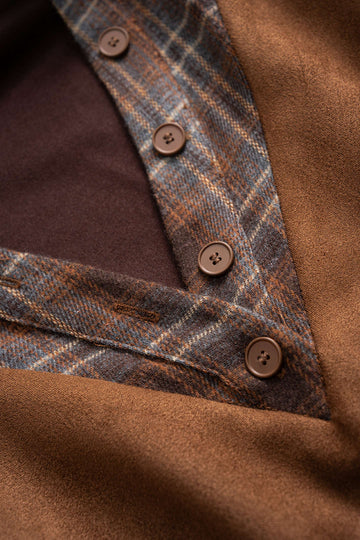 Plaid Print Suede Patchwork Button Shirred Waistband Sweatshirt