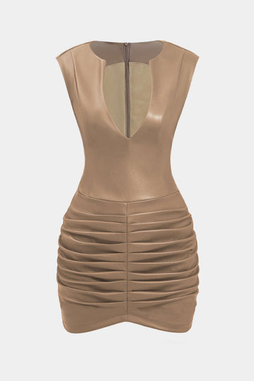Ruched Faux Leather V-Neck Bodycon Mini Dress