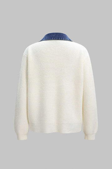 Knit Denim Patchwork Zipper Cardigan