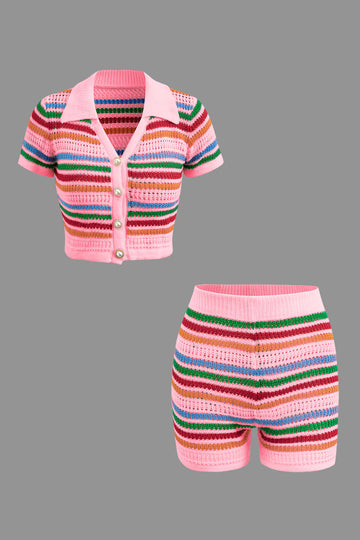 Stripe Knit Pearl Button Collar Top And Shorts Set