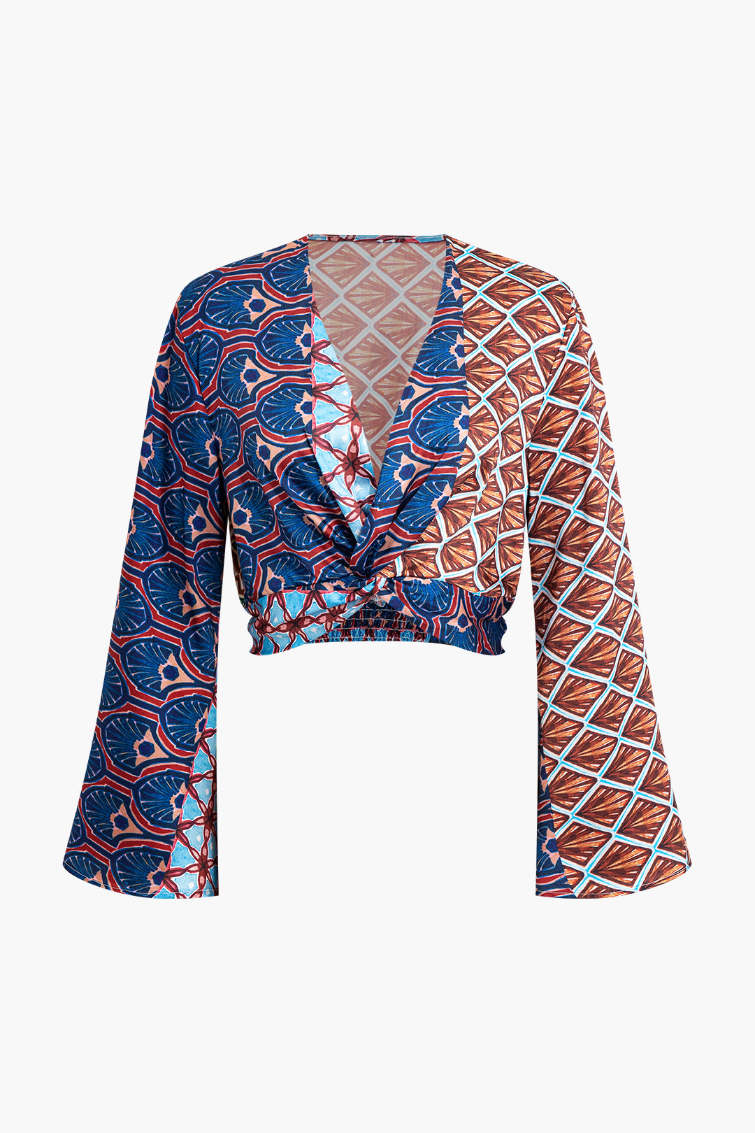 Geometric Print Twisted V-neck Crop Long-Sleeve Shirt