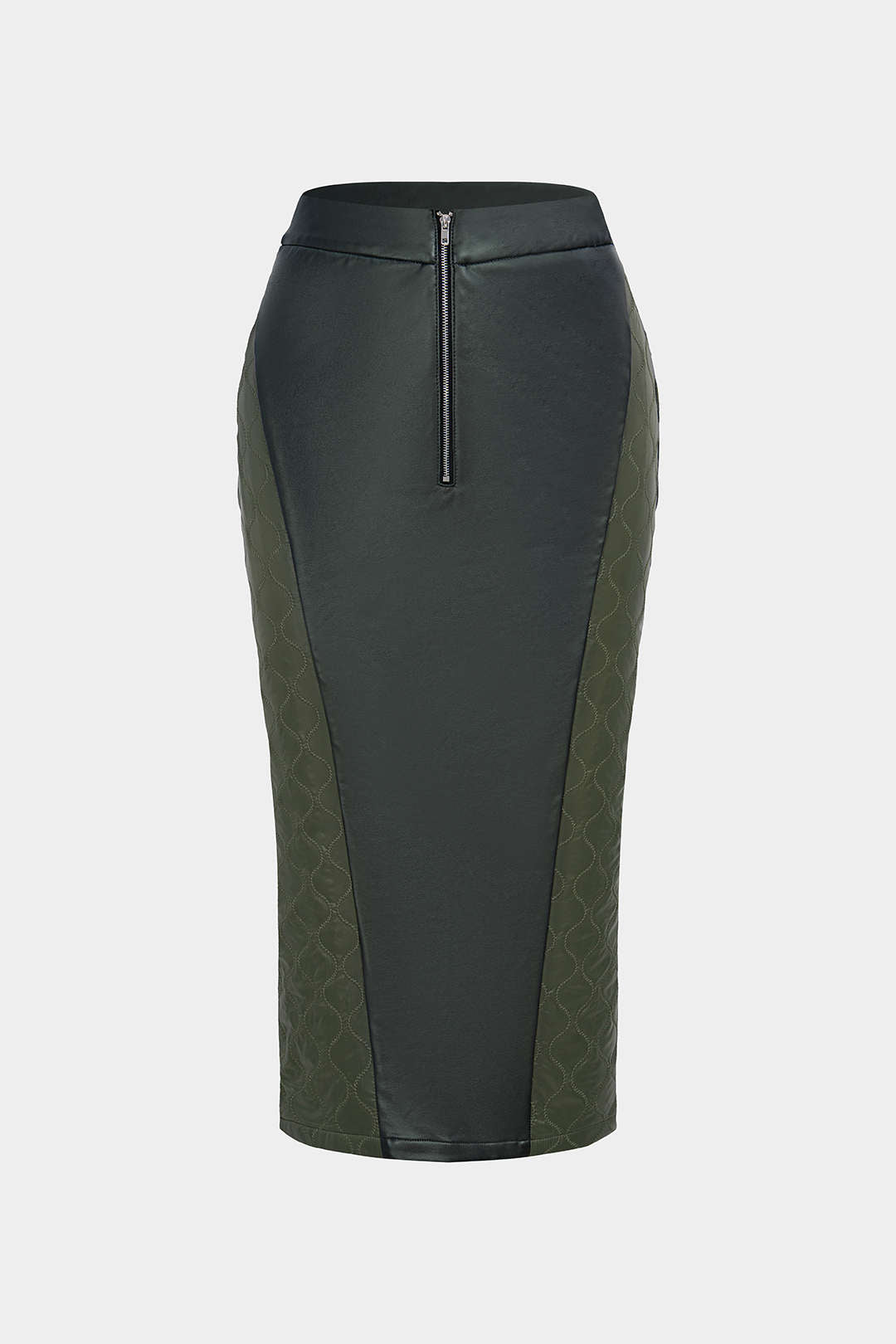 Faux Leather Quilted Patchwork Zipper Split Skirt