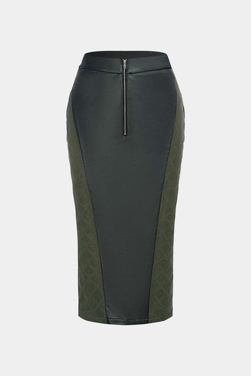 Faux Leather Quilted Patchwork Zipper Split Skirt