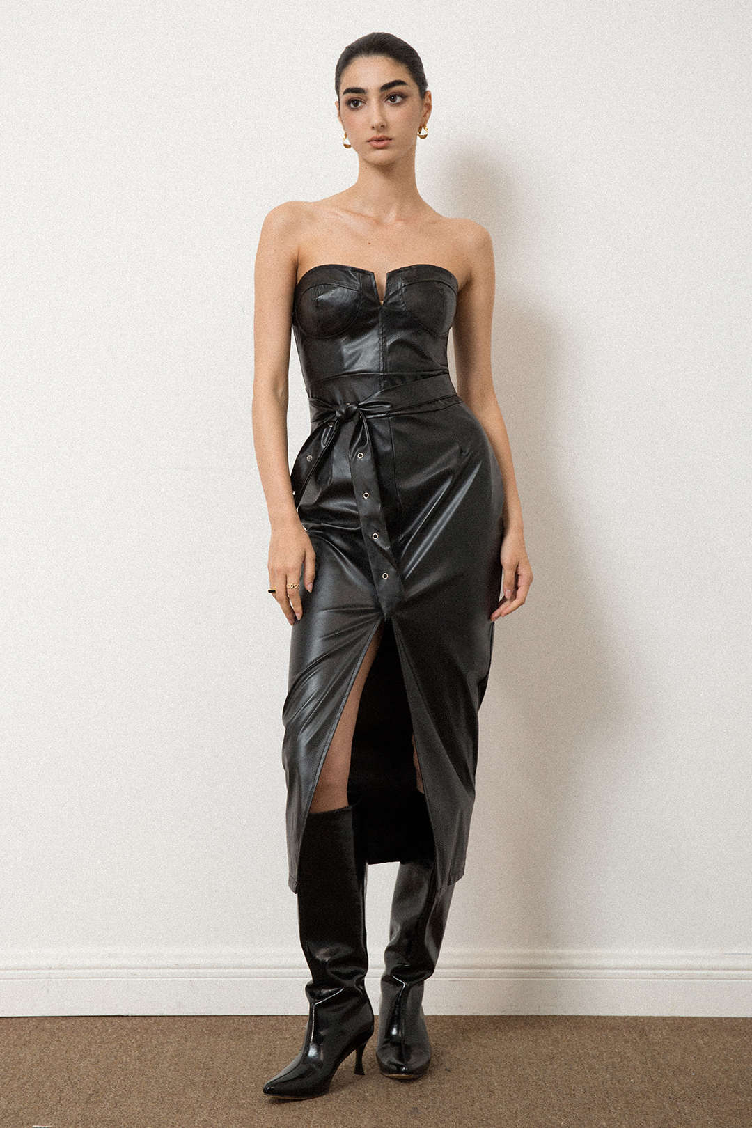 Faux Leather Strapless Slit Belted Midi Dress