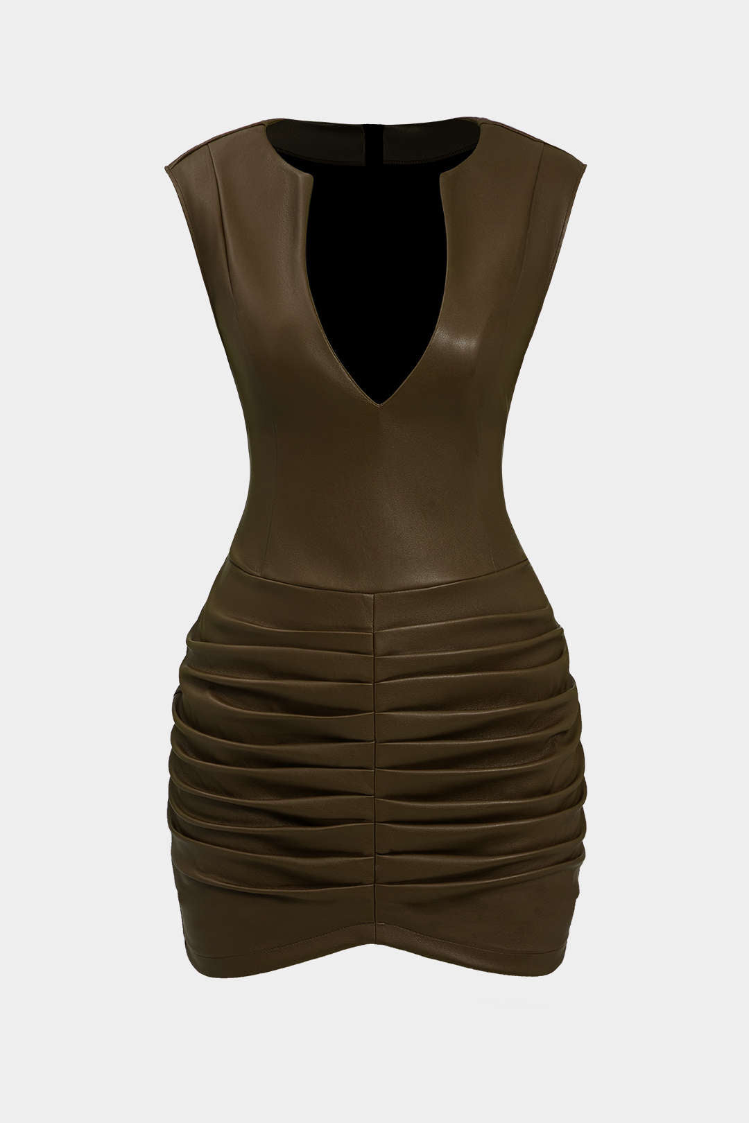 Ruched Faux Leather V-Neck Bodycon Mini Dress